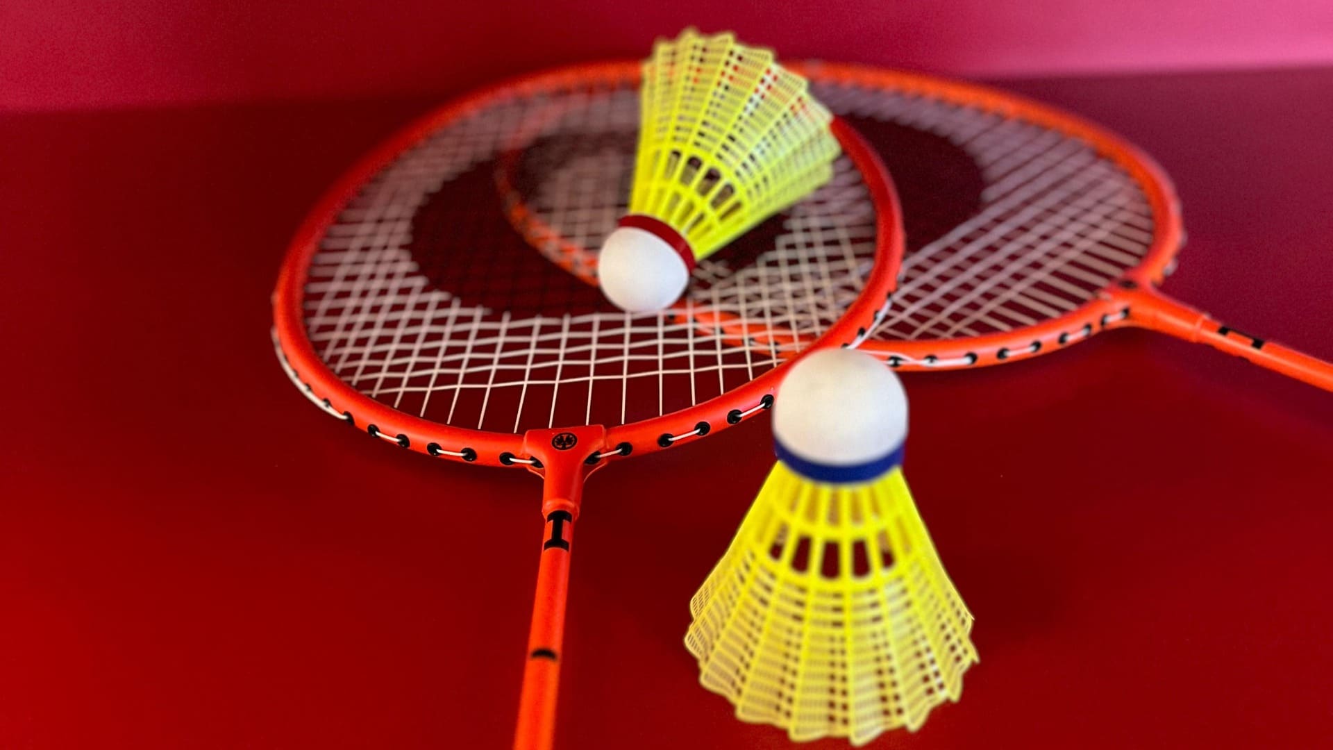 Zwei Badminton-Bälle liegen zusammen mit zwei Badminton-Schlägern auf rotem Hintergrund im Sportcentrum