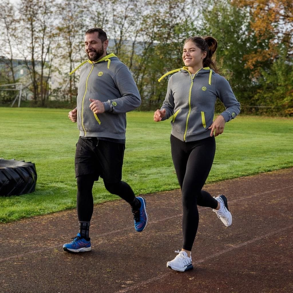Die Personal Trainerin ist mit einem trainierenden Mann gemeinsam auf einer Aschbahn joggen.