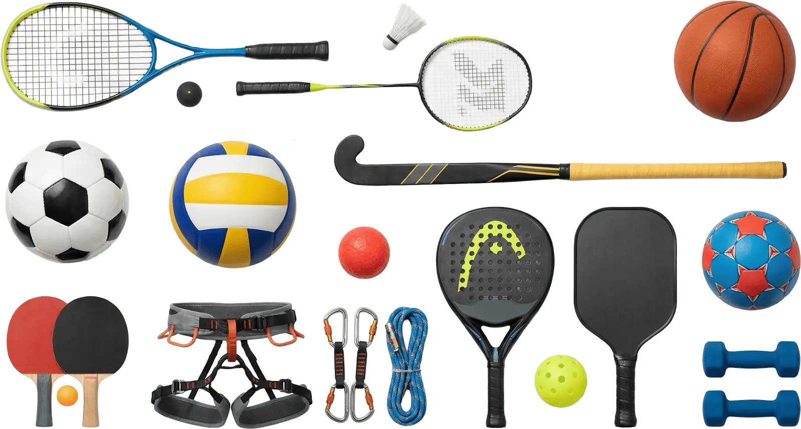 Ansammlung an Schlägern, Bällen und Hilfsmitteln, die symbolisch für die verschiedenen Sportarten im Sportcentrum Nürnberg stehen