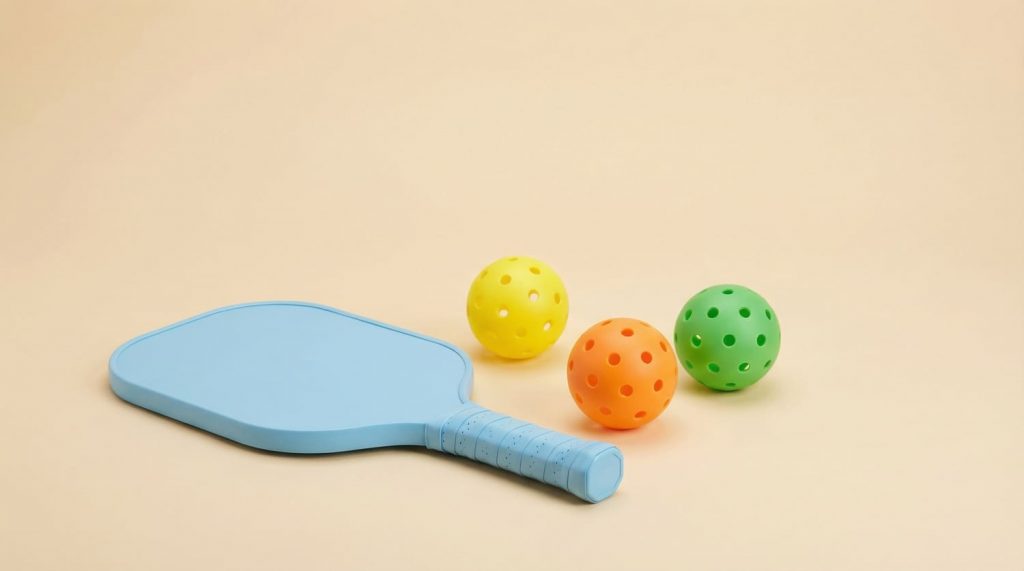 Ein blauer Pickleball Schläger liegt neben drei bunten Bällen auf einer beigen Fläche